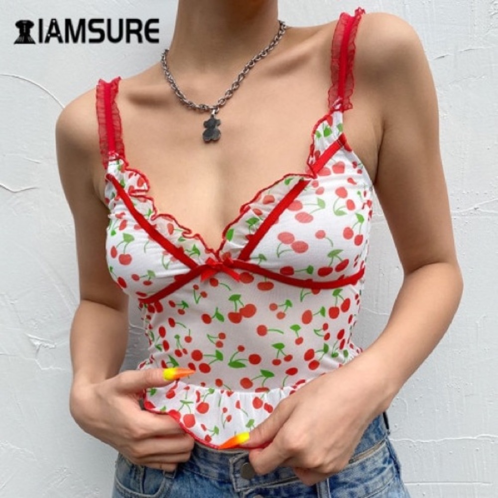 Cherry Print Ruffle Crop Top - Picture 5 of 7